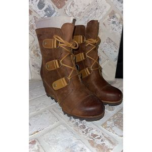 Sorel Joan of Arctic II Brown Leather Lace Up Wedge Heel Booties Women Size 6